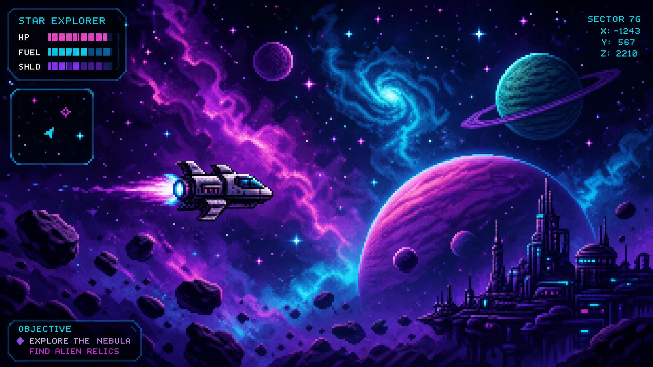 星际像素漫游者概念图,像素风飞船在星云中航行